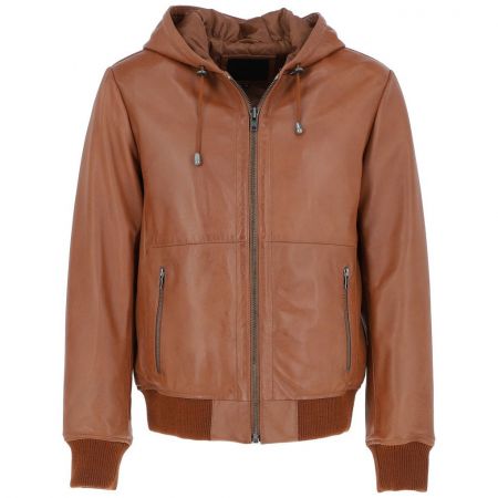 Men Regular Fit Hooded Leather Bomber Jacket