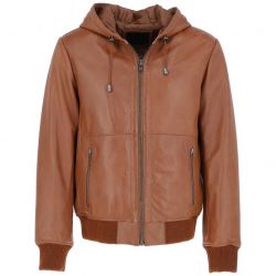 Men Regular Fit Hooded Leather Bomber Jacket
