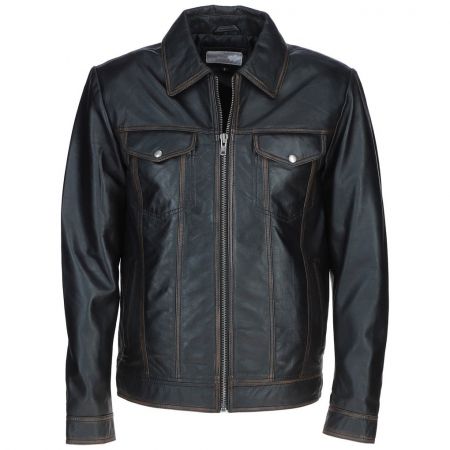 Men Regular Fit Black Leather Bomber Jacket