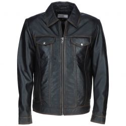 Men Regular Fit Black Leather Bomber Jacket