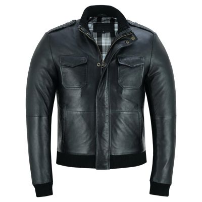 Men Covered Front zippered Leather Bomber Jacket