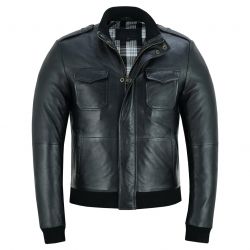 Men Covered Front zippered Leather Bomber Jacket