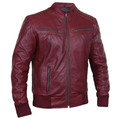 Men Quilted shoulder Leather Bomber Jacket