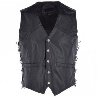 Men Side Laces Black Leather Vest