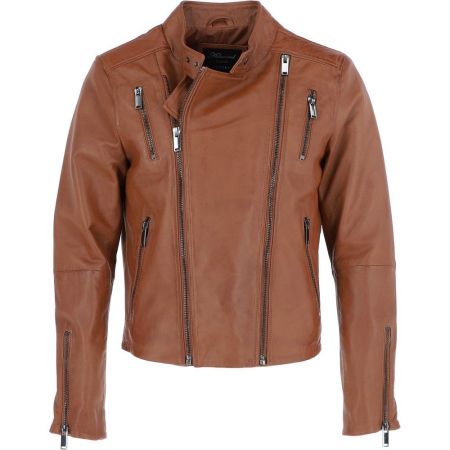 Mens Genuine Leather Side Zip Biker Jacket Tan