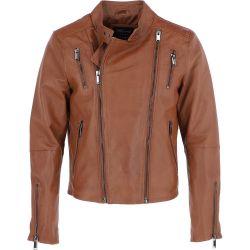 Mens Genuine Leather Side Zip Biker Jacket Tan