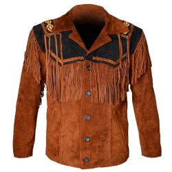 Men Western Suede Fringe Beaded Jacket