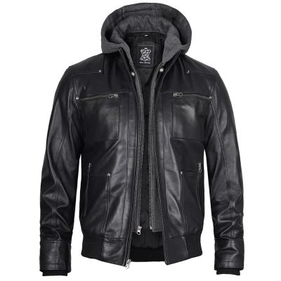 Mens Removable Hood Winter Leather Jackets