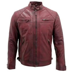 Mens Burgundy Cafe Racer Biker Leather Jacket