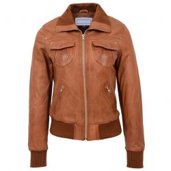 Womens Tan Classic Bomber Leather Jacket
