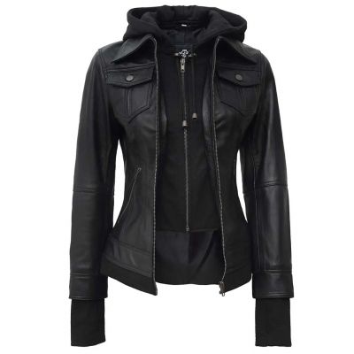 Womens Bomber Leather Jacket Removable Hood