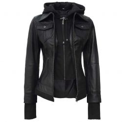 Womens Bomber Leather Jacket Removable Hood