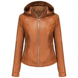 Women Removable Hood Leather Jacket