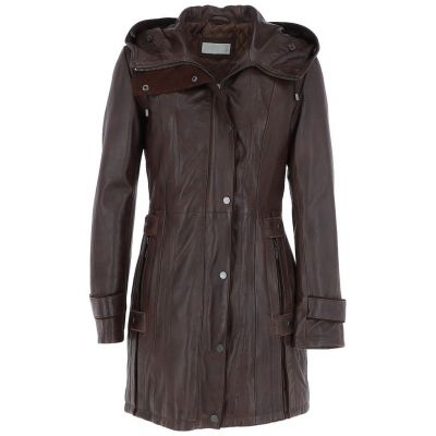 Womens Leather Hooded Brown Coat