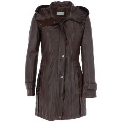 Womens Leather Hooded Brown Coat