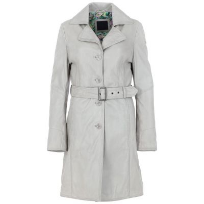 Womens Belted Fashion Leather Coat Light Grey