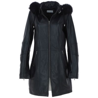 Womens Detachable Fur Hood Black Leather Jacket