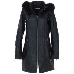Womens Detachable Fur Hood Black Leather Jacket
