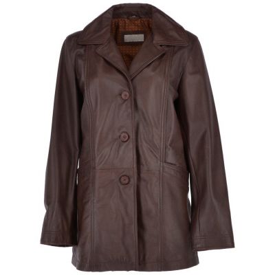 Womens Single Breasted Leather Mid Brown Coat