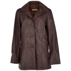 Womens Single Breasted Leather Mid Brown Coat