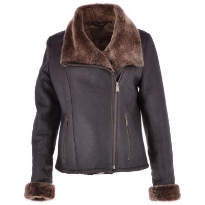 Womens Sheepskin Side zip Winter Jacket Brown
